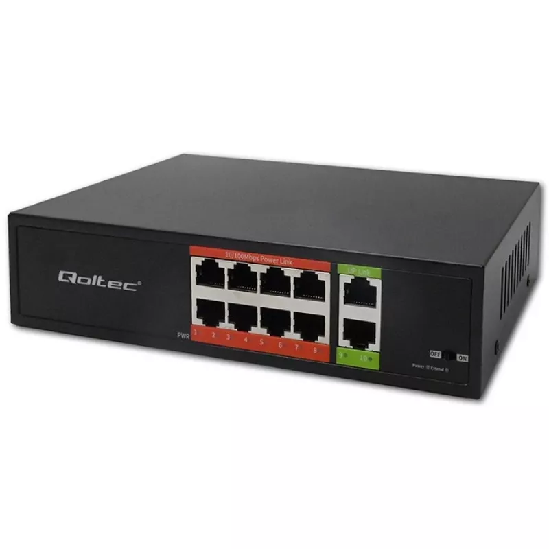 Tinklo jungiklis QOLTEC FAST Ethernet PoE 8xRJ45 su 2xRJ45 uplink (model 52290)