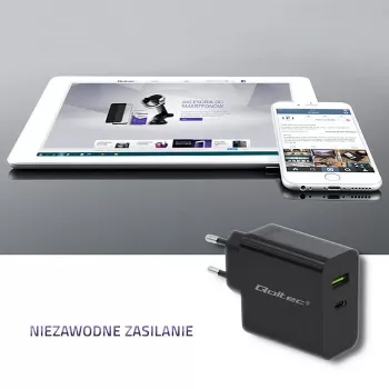 Maitinimo adapteris QOLTEC 51717 45W 20V 3A USB-C PD kroviklis išmaniesiems laikrodžiams, juodas