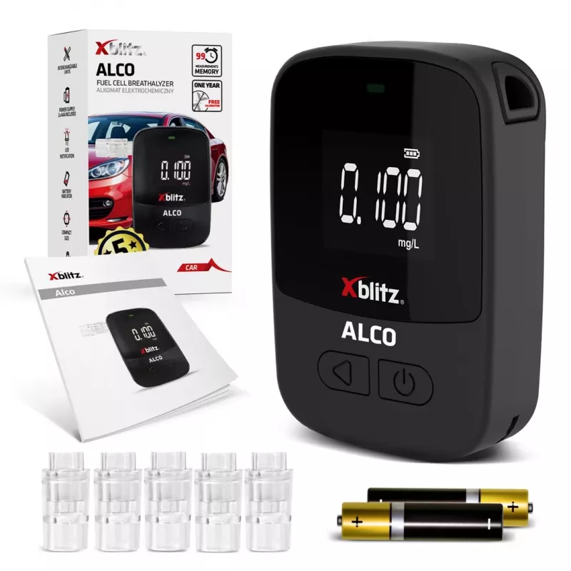 Nešiojamas elektrocheminis alkotesteris Xblitz ALCO – BAC 0–4%, tikslumas 0,05%, LCD, 5 kandikliai, 2×1,5 V baterijos