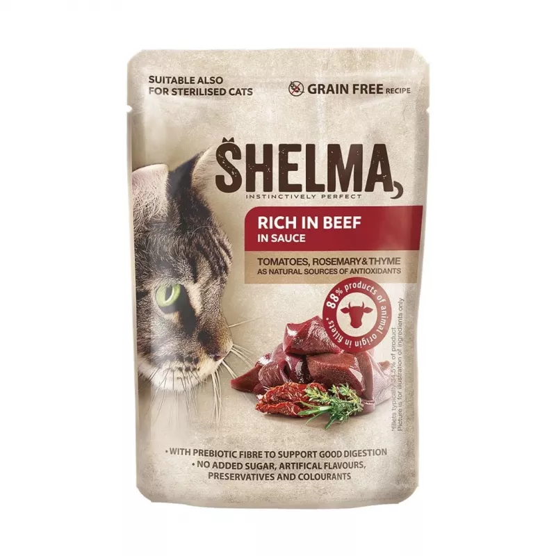 Šlapias kačių ėdalas SHELMA multipack 4×85 g – suaugusioms katėms, vištiena, kalakutiena, jautiena, antis, be grūdų