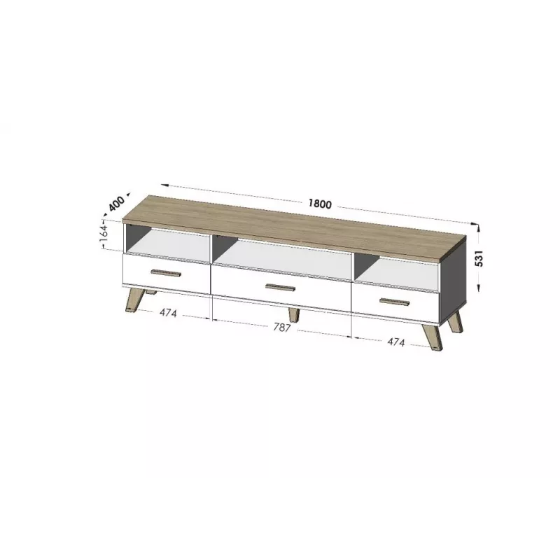 TV stovas Cama Meble LOTTA 180 cm – ąžuolo Wotan rėmas, matinė juoda medžio drožlių plokštės viršus, 1800×400×530 mm