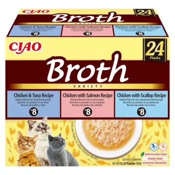 INABA Ciao Broth su vištiena, lašiša, tunu ir jūros šukutėmis – skanėstai katėms – 24x40g