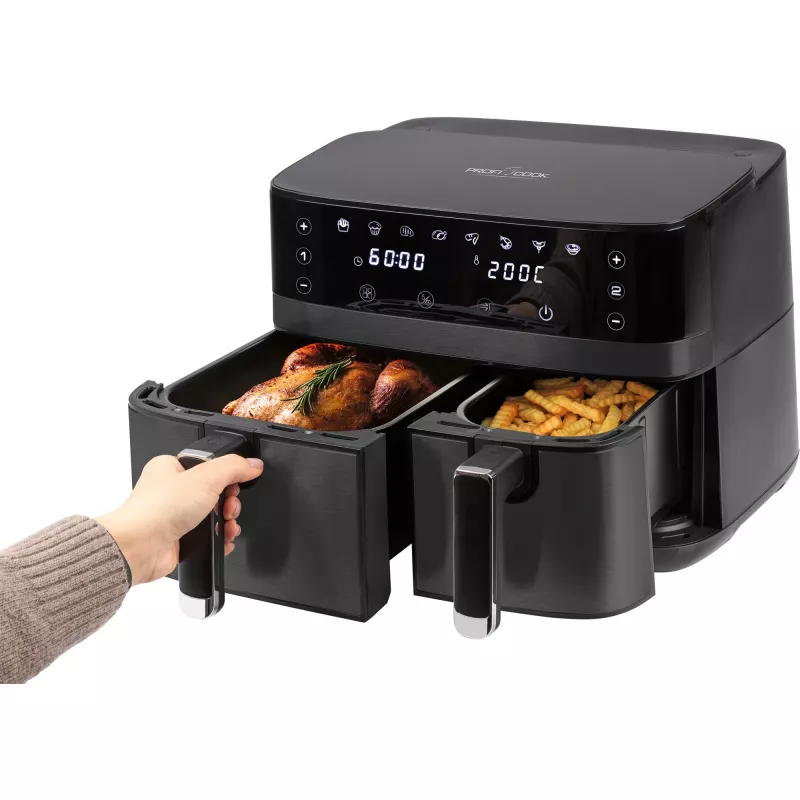 Dviguba karšto oro gruzdintuvė ProfiCook PCFR1295H — 2 krepšeliai (5,5 L + 3,5 L), 9,0 L bendras, 2700 W, nerūdijančio plieno priekis