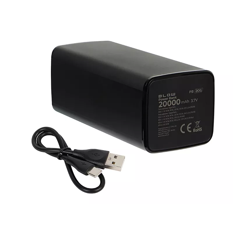 Nešiojamas powerbankas BLOW PB20G 20000mAh PD 65W, USB-C įėjimas/išėjimas, 2x USB-A išėjimai, juodas