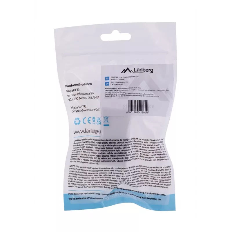 LANBERG AD-RJ45-RJ45-OU6 tinklo jungtis – baltas RJ-45 lizdų adapteris Cat.6