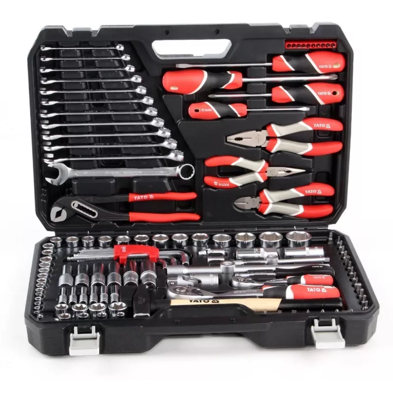 Mechaniko įrankių rinkinys YATO YT-38901 – 122 vnt., su lizdais 12–32 mm, reketu, prailginimais, atsuktuvais, plaktuku, replėmis, chromuota apdaila