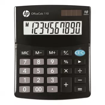 HP OC 110 – stalinis skaičiuotuvas, 10 skaitmenų LCD, baterija/saulės elementas, CR2032, 24 klavišai, juodas, 101×33×125 mm