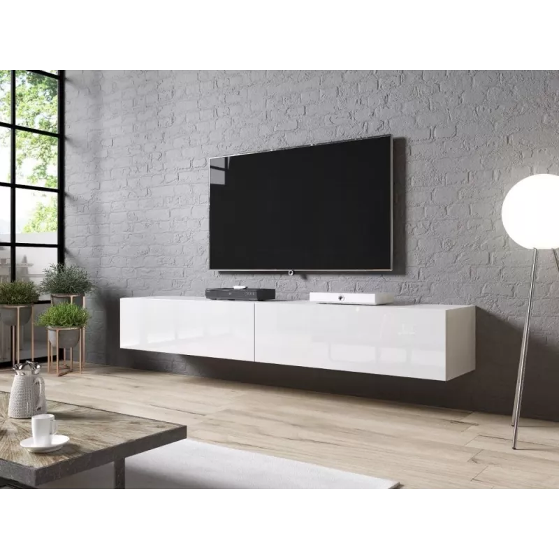 TV stovas Cama Meble SLIDE 200 – 2000×400×300 mm, baltas blizgus MDF viršus, baltas rėmas