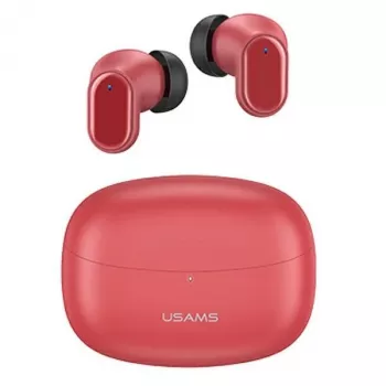 Belaidės ausinės TWS USAMS BH serija BHUBH03, Bluetooth 5.1, raudonos – į ausį, su įkrovimo dėklu