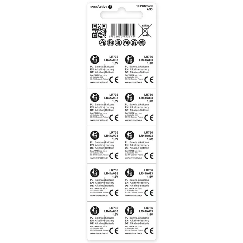 Šarminė vienkartinė mygtukinė baterija everActive EVAG3 LR41 1,5V – 10 vnt. pakuotė
