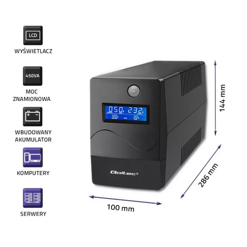 Qoltec Monolith nepertraukiamo maitinimo šaltinis (UPS) Dvigubo konvertavimo (Online) 0.45 kVA 240 W 2 AC lizdai