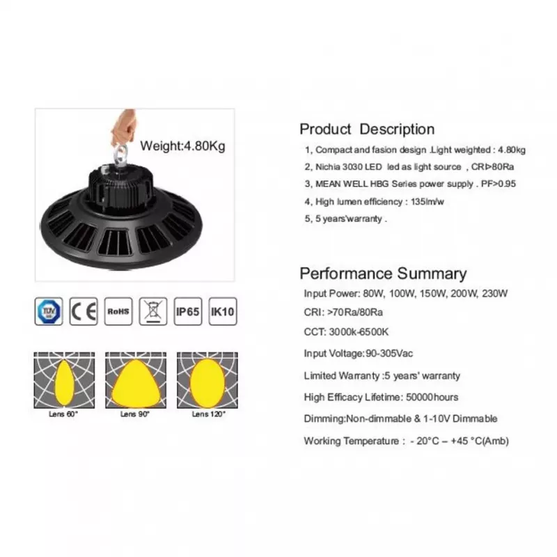 Synergy 21 LED pakabinamas prožektorius UFO 150W pramoninėms patalpoms ir sandėliams, šalta šviesa 120° DIM