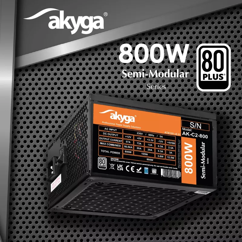 Akyga AK-C2-800 Classic 800 W ATX maitinimo blokas, pusiau modulinis, aktyvusis PFC, 120 mm ventiliatorius