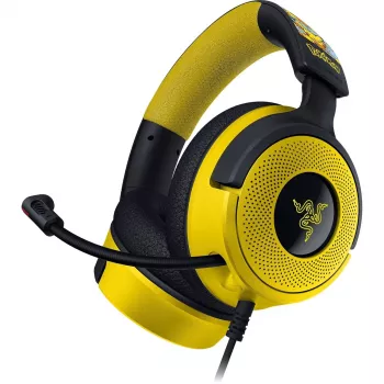 Ausinės Razer Kraken V4 X Pokemon – laidinės USB-C/USB-A, supraauralinės, 20–20000 Hz, 1,8 m laidas, 310 g, juodos/geltonos