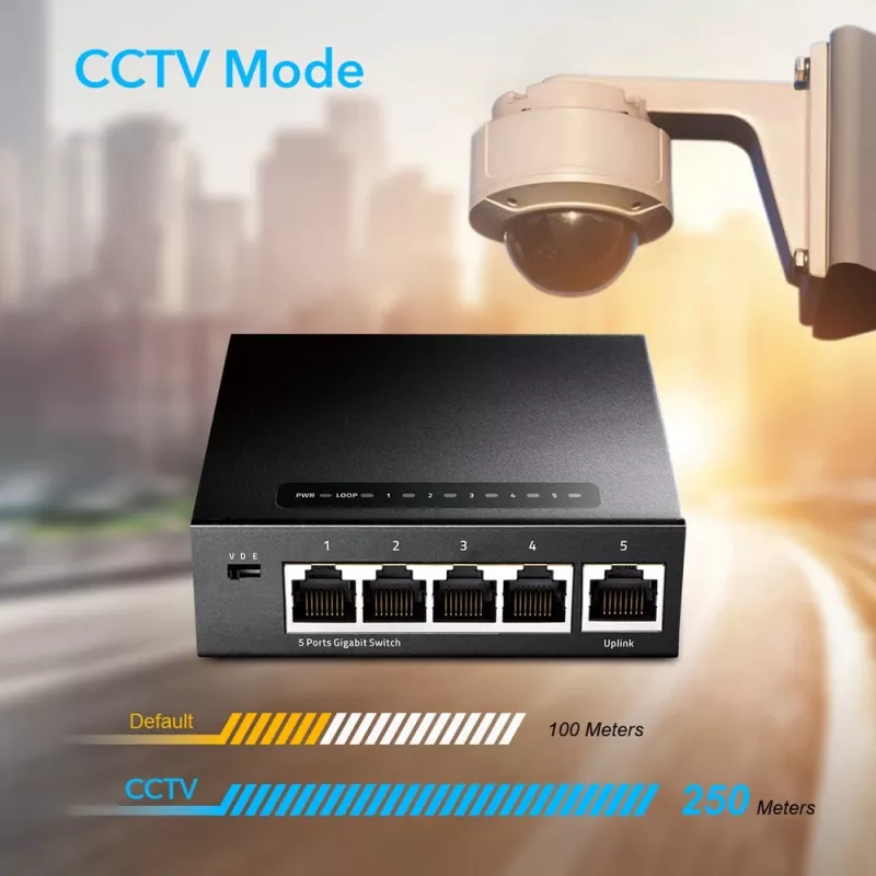 Tinklo jungiklis Cudy GS105 – 5 prievadų Gigabit Ethernet (10/100/1000), juodos spalvos, su 5 V DC maitinimo šaltiniu