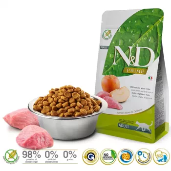 Sausas kačių ėdalas Farmina N&D Prime Adult 5 kg – Šerniena ir Obuoliai, Baltymai 44%, Riebalai 20%