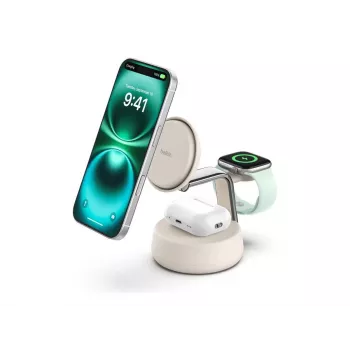 Belaidis USB įkroviklis Belkin Qi2 WIZ040KQSD — 25 W, USB maitinimas, 1,5 m laidas, baltas, skirtas išmaniajam telefonui, išmaniajam laikrodžiui, ausinėms, fitneso apyrankei