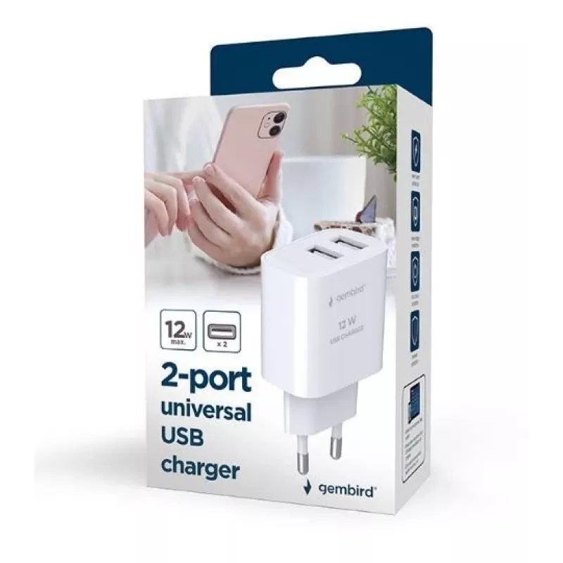 Gembird TA-UC-2A12-01 2 USB įkroviklis 2.4A 24W baltas