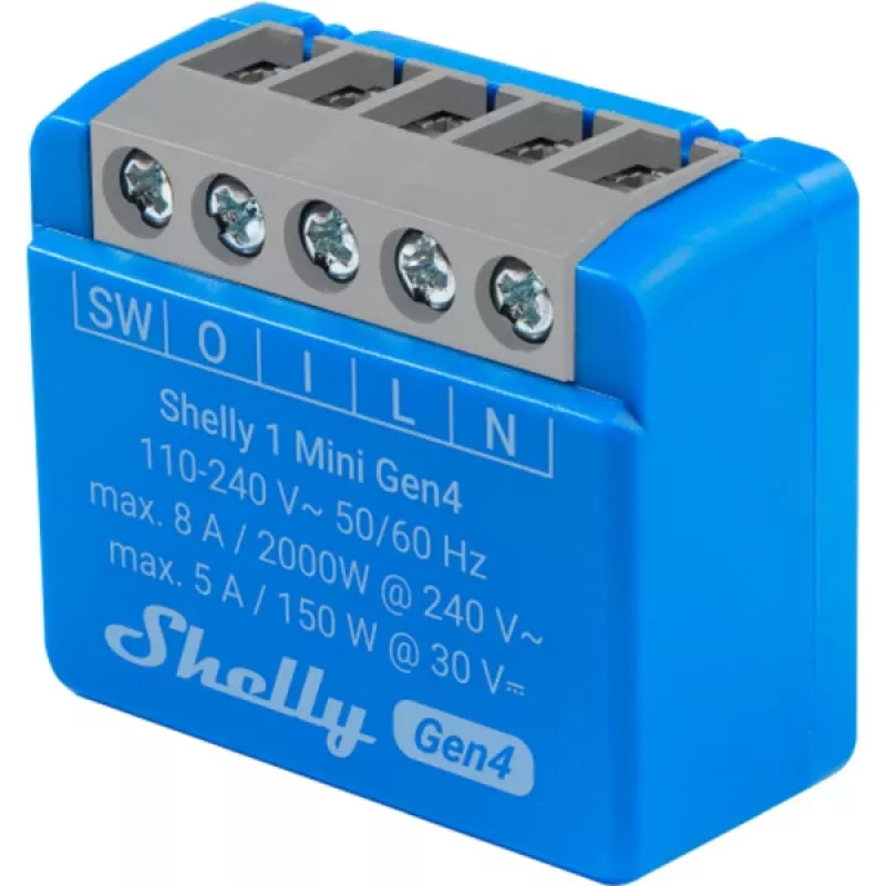 Išmanusis relės modulis Shelly 1 Mini Gen4, 1P 8A, Wi‑Fi/Matter/Zigbee/Bluetooth, 110–240 V, kompaktiškas (2 vnt.)