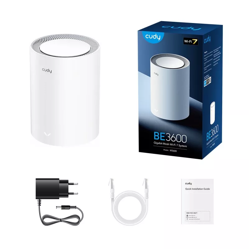 Cudy M3600 belaidžio tinklo rinkinys (mesh) dviejų juostų Wi‑Fi 7 (802.11be), 2882 Mbps, 3x LAN, 4 vidinės antenos, baltas