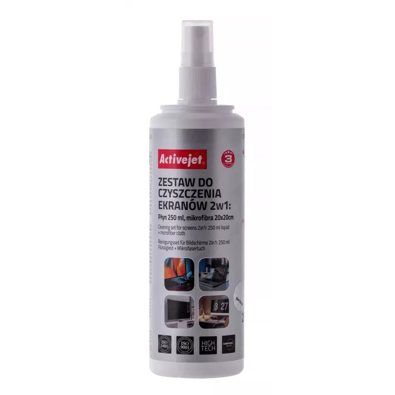 Valymo rinkinys ekranams ir plastikams ActiveJet AOC-269, 2 mikropluošto šluostės 200x200 mm, 250 ml purškiklis