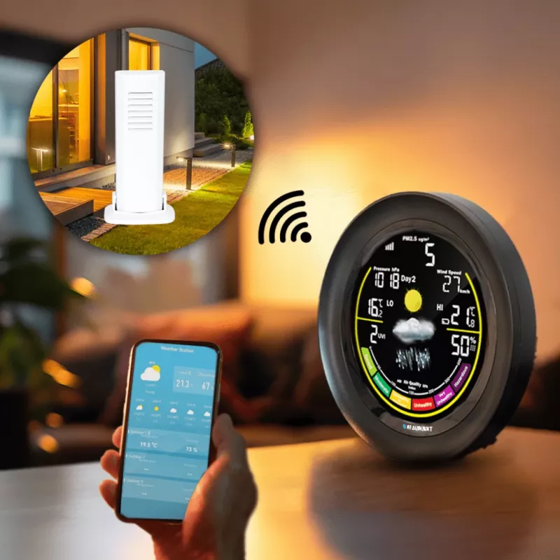 Oro stotelė BLAUPUNKT WS35BK APP – LCD ekranas, temperatūra ir drėgmė, signalizacija, kalendorius, programėlės valdymas, 94×94×27 mm