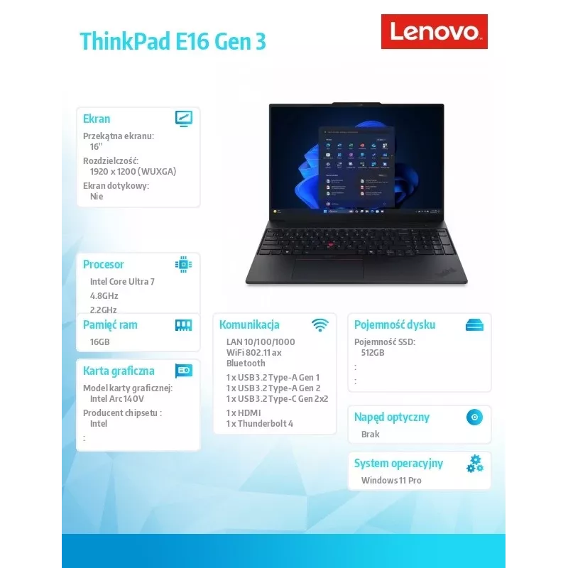Nešiojamas kompiuteris Lenovo ThinkPad E16 G3 22AY001SPB – Intel Ultra 7, 16,0 colio WUXGA, 16 GB RAM, 512 GB SSD, Windows 11 Pro, juodas, 1 metų garantija