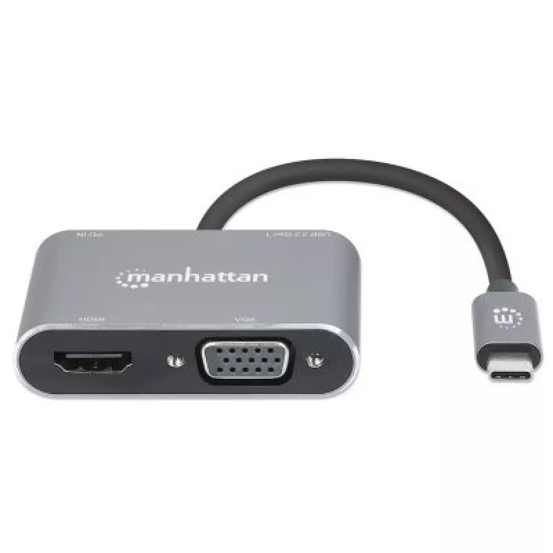 Manhattan USB-C dokų stotelė / šakotuvas, 4 prievadai: HDMI, USB-A, USB-C ir VGA, su Power Delivery (PD) 87W – reikalingas išorinis USB-C įkroviklis (neįtrauktas). Maitinama per USB (nereikia išorinio maitinimo šaltinio), kai PD nenaudojamas. Aliuminis