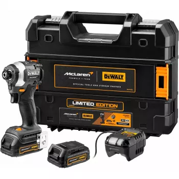 Belaidis smūginis veržliasukis DCF85ME2GT, 18V, 1/4 inch, McLaren dizainas pilka/juoda, 2x POWERSTACK Li-Ion akumuliatorius 1,7 Ah, T STAK dėžutėje