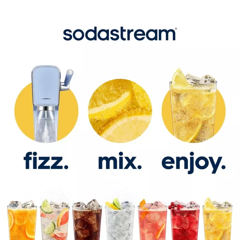 Sodos gaminimo aparatas SODASTREAM Art Blue Steel – 1 L plastikinis butelis, 60 L dujų balionėlis, 173×245×430 mm