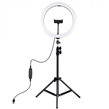 LED žiedinė šviesa 30cm su trikoju iki 1,1m ir telefono laikikliu, USB