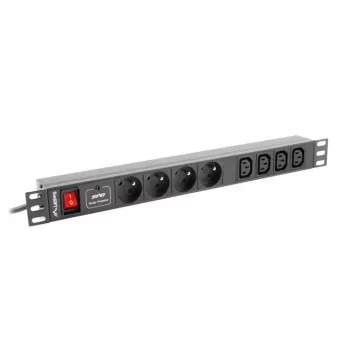 Maitinimo paskirstymo blokas LANBERG PDU-04E04I-0200-IEC-BK — 1U, 4 lizdai C13 (E tipas), 2 m laidas, 10 A, 220–250 V