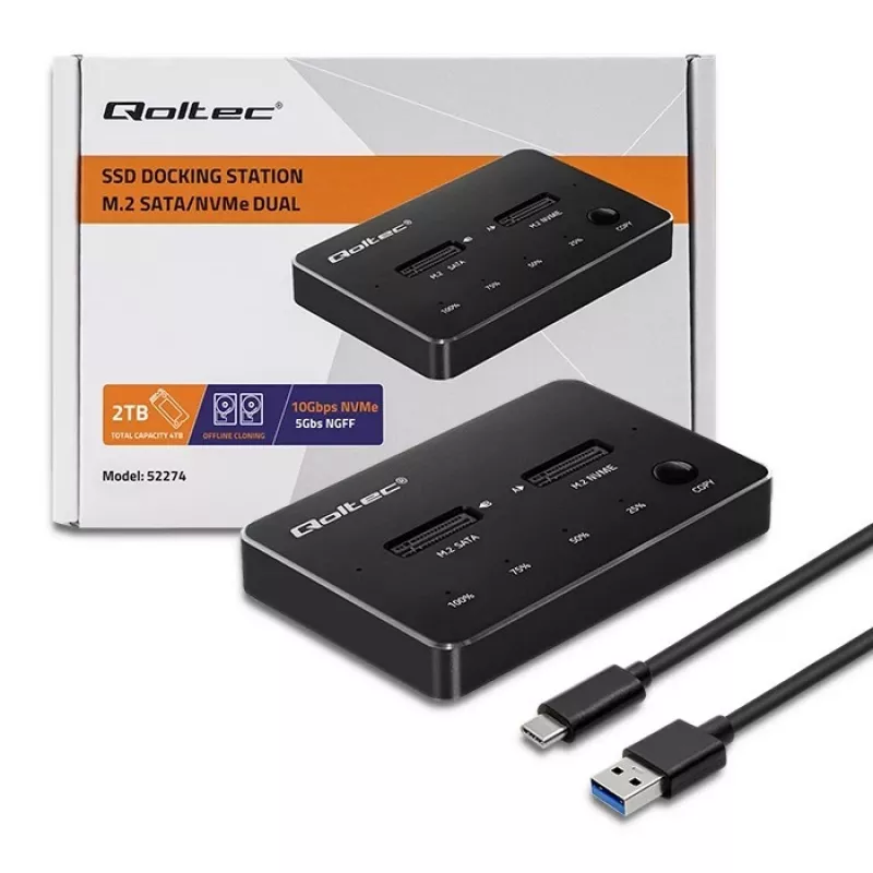 Qoltec 52274 M.2 SSD diskų dėklas | NVMe | SATA | USB-C | DUAL 2 x 2TB