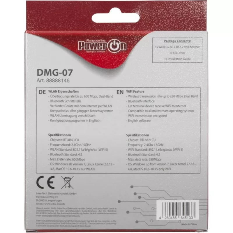 Inter-Tech DMG-07 belaidis USB adapteris Wi-Fi / Bluetooth, Wi-Fi 5 (802.11ac), 650 Mbit/s, juodas (88888146)