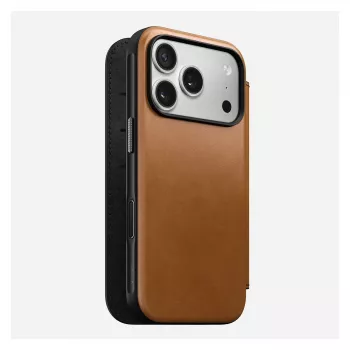 Dėklas folio Nomad Modern Leather Folio, skirtas iPhone 17 Pro, oda + aliuminis, 6,3 colio (16 cm), Tan, 3 kortelių kišenės