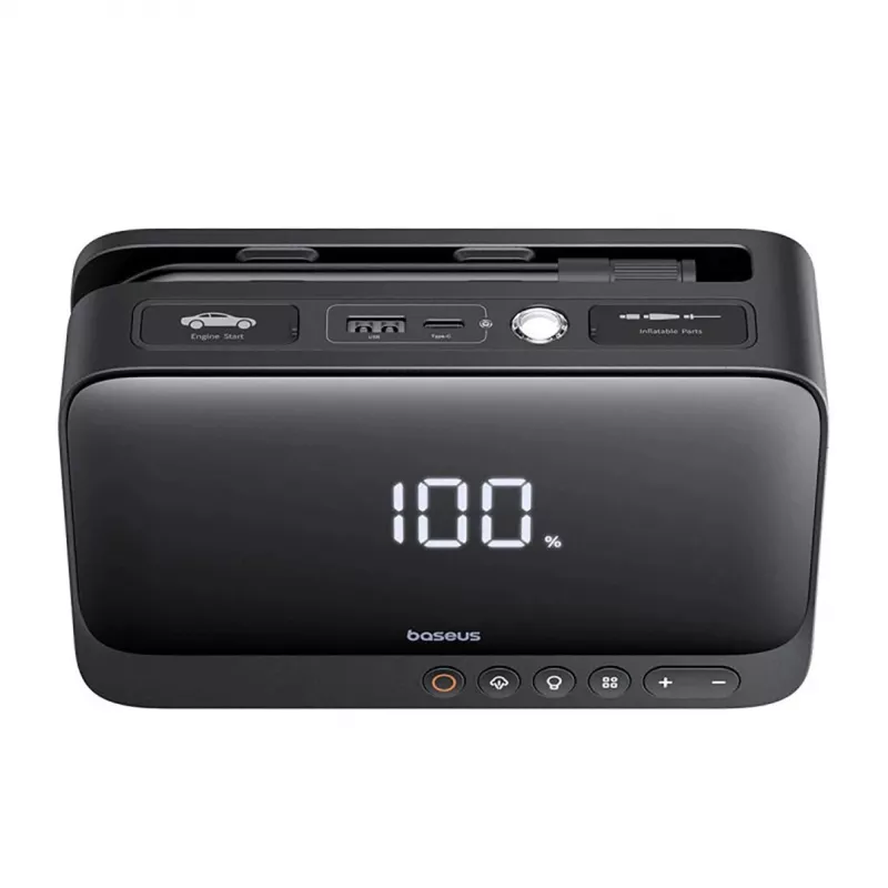 Nešiojamas įkroviklis Baseus Super Energy 6000 mAh – užvedimo starteris, LiPo 6000 mAh, 300 A paleidimo srovė, 150 PSI, įmontuotas ekranas ir žibintuvėlis, USB-C + USB-A, juodas