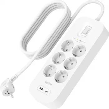 Apsauginis filtras Belkin SRB002VF2M‑V2 — 6 lizdų, 2 m laidas, USB‑C ir USB‑A prievadai