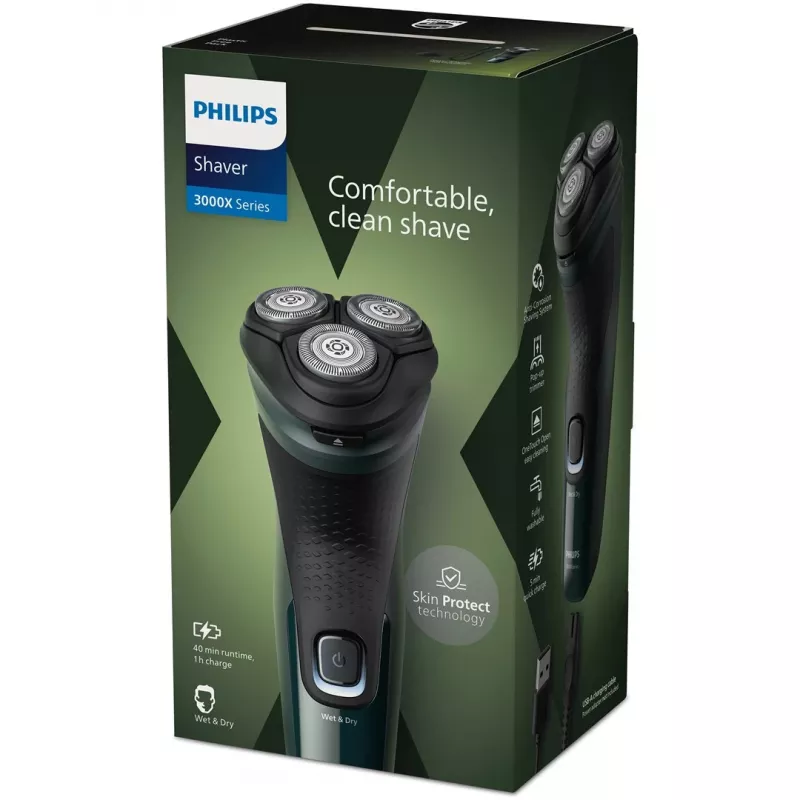 Elektrinis rotacinis skustuvas Philips 3000X Series X3002/00 – 3 galvutės, šlapiam ir sausam skutimuisi, įkraunamas, NiMH baterija, 40 min veikimo