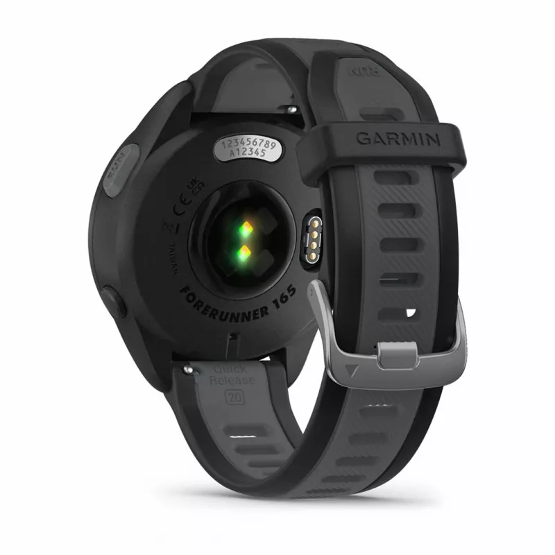 Garmin Forerunner 165 Music – juodas sportinis laikrodis su silikoniniu dirželiu, pilkai šiferio spalvos, 1,2 colio ekranas, 126–203 mm riešo apimtis (010-02863-30)