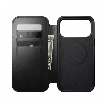 Odininis dėklas Nomad Modern Leather Folio, skirtas iPhone 17 Pro — juoda Horween oda