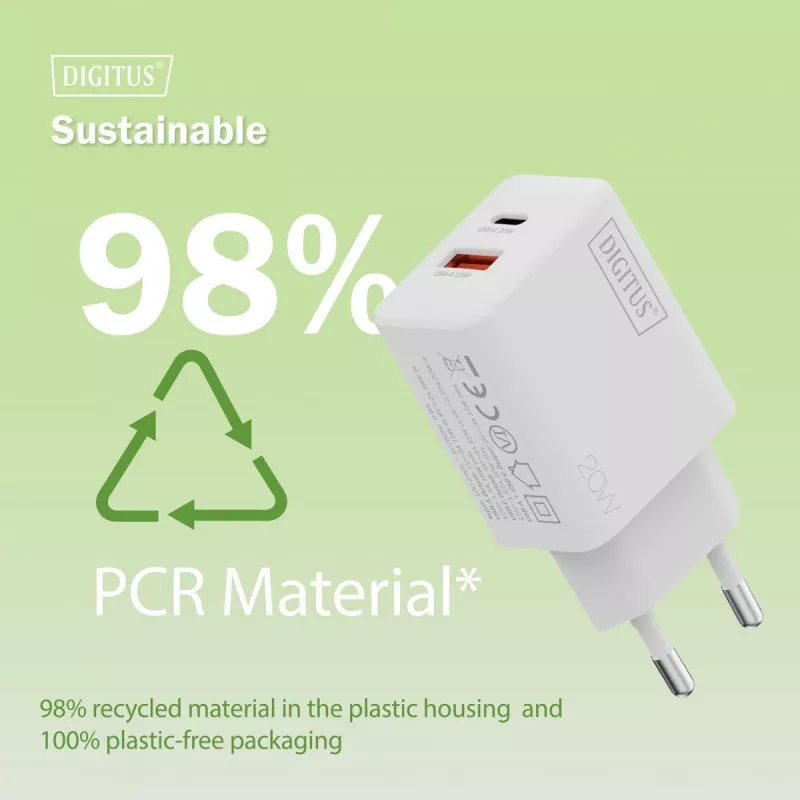 USB-C ir USB-A įkroviklis DIGITUS 20 W, 1x USB-C, 1x USB-A, 100–240 V, baltas