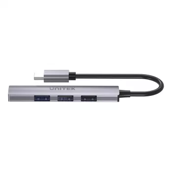USB-C stotelė Unitek H1208B – 1x USB-A 5 Gbps, 3x USB-A 2.0, USB-C jungtis, aliumininis korpusas, 0,20 m laidas