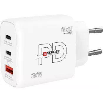 SKROSS Power Charger 65W PD GaN EU USB‑C 2x – 65W USB‑C GaN įkroviklis su dviem USB‑C prievadais, EU kištuku