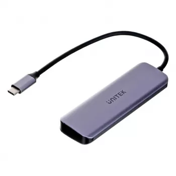 USB šakotuvas Unitek P5+ — 5 prievadų (4 × USB 3.2 Gen 2 Type-A), USB 3.2 Gen 1 pagrindinis, 5 Gbit/s, 10 W PD, aliuminis, pilka