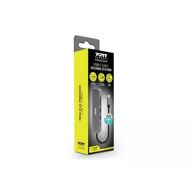 USB-C dokų stotelė Port Designs 900162, 5 prievadų, 4K HDMI, 100W įkrovimas, sidabrinė