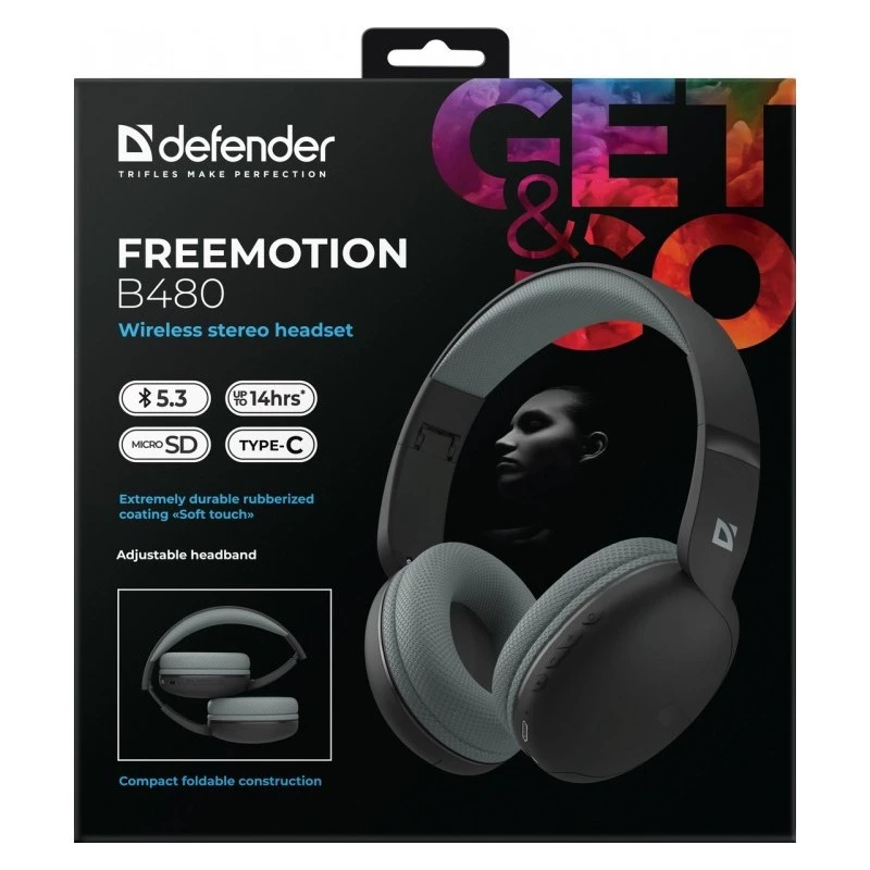 Belaidės ausinės DEFENDER Freemotion B480 — uždedamos, uždaros, Bluetooth, 20–20000 Hz, 99 dB, USB-C, AUX