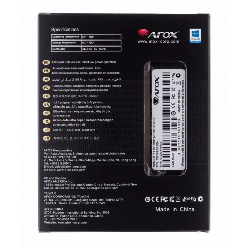 SSD M.2 AFOX ME300-512GN 512 GB PCIe NVMe TLC, skaitymas 2000 MB/s, rašymas 1600 MB/s