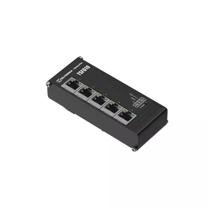 Teltonika NETWORKS TSF010 plokščiasis Ethernet jungiklis, nevaldomas Fast Ethernet (10/100), DIN bėgelis, juodas