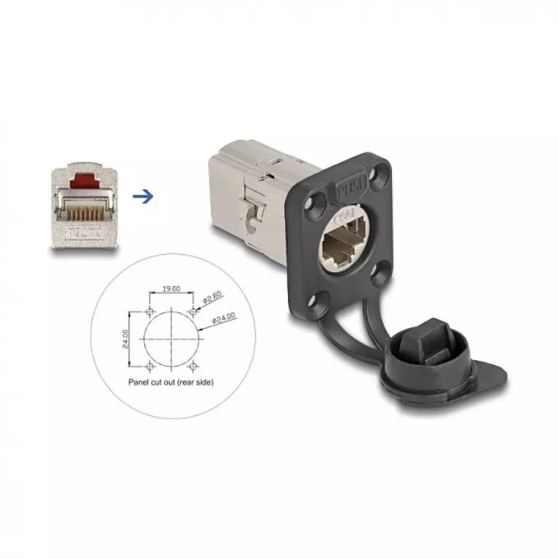 DeLOCK 67061 D tipo RJ45 Cat.6A STP įmontuojamas movos jungtis su apsauginiu dangteliu, IP66