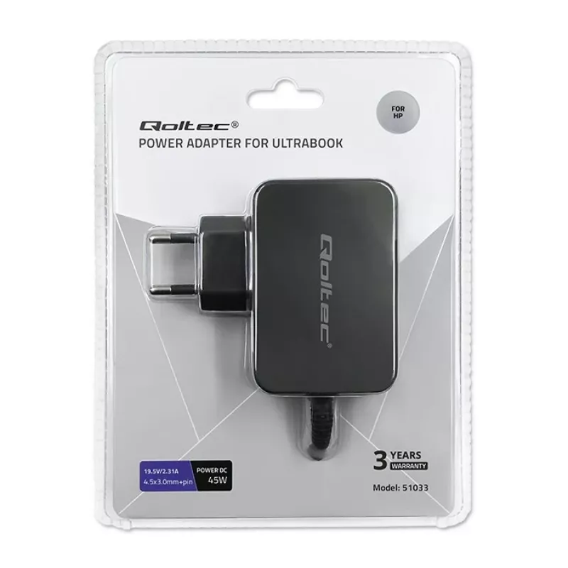 Maitinimo adapteris nešiojamam kompiuteriui QOLTEC 51033, 45 W, 19,5 V, 2,31 A, 220–240 V, vidaus, juodas, 1,7 m laidas